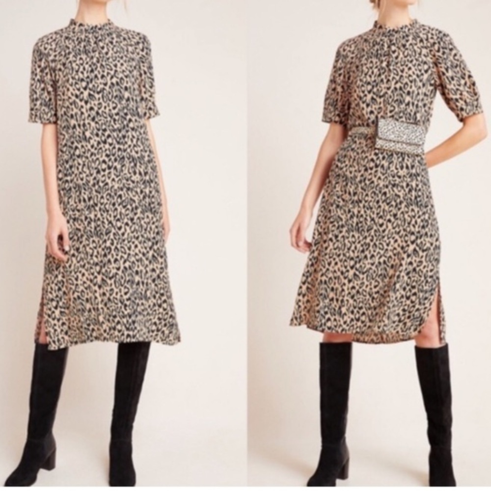 ANTHROPOLOGIE Mock Neck Cheetah Print Midi Dress - Picture 5 of 15